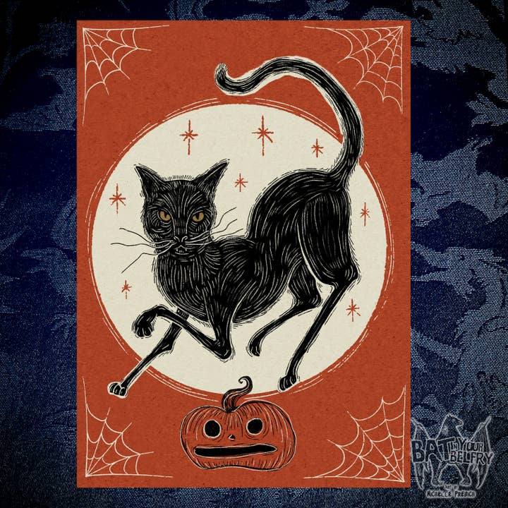 Halloween-kunsttryk med kat for engroshandel hos Bat In Your Belfry