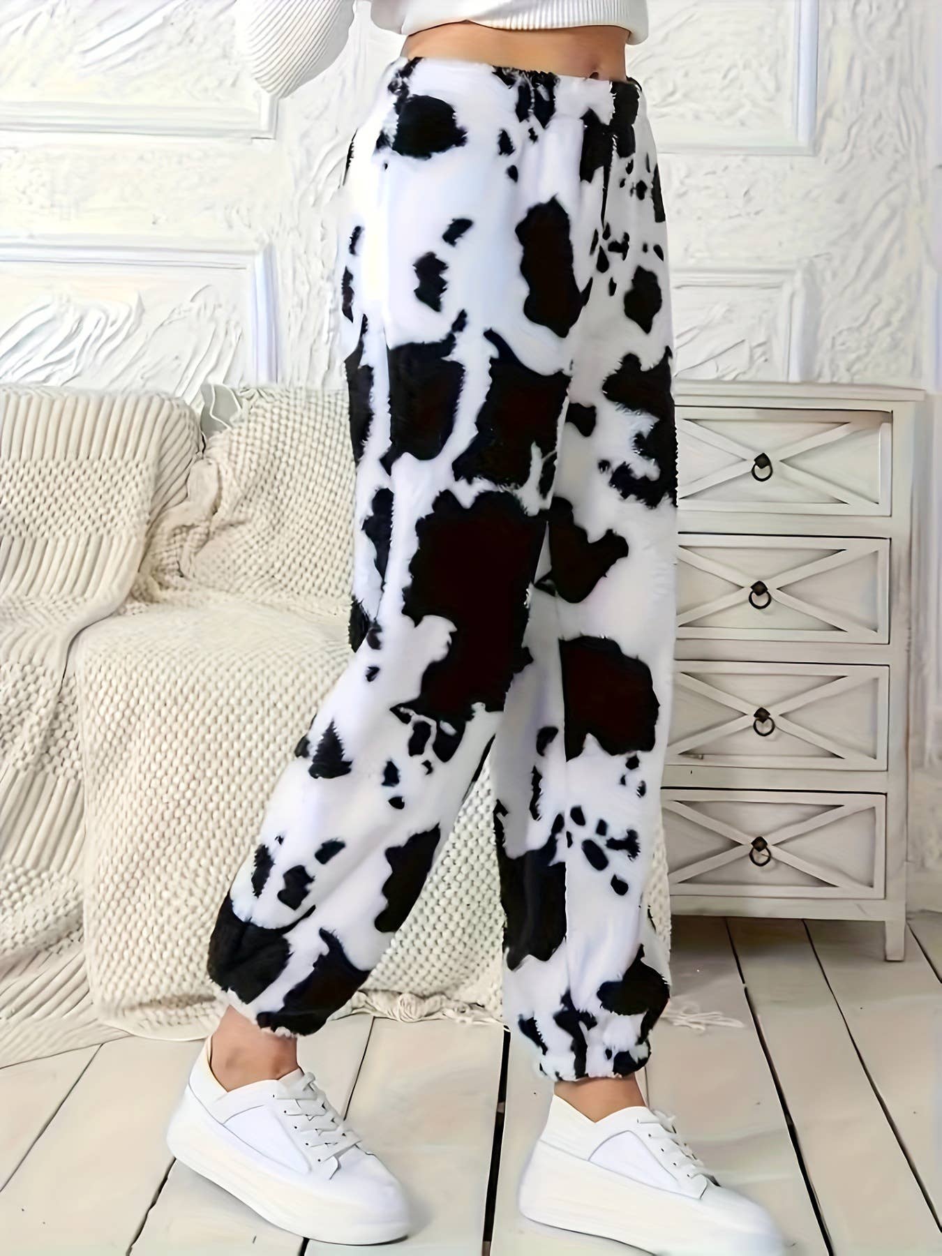 WHITE WOMEN'S LOOSE STYLISH PLUSH PANTS WITH COW PRINT for wholesale on Faire1