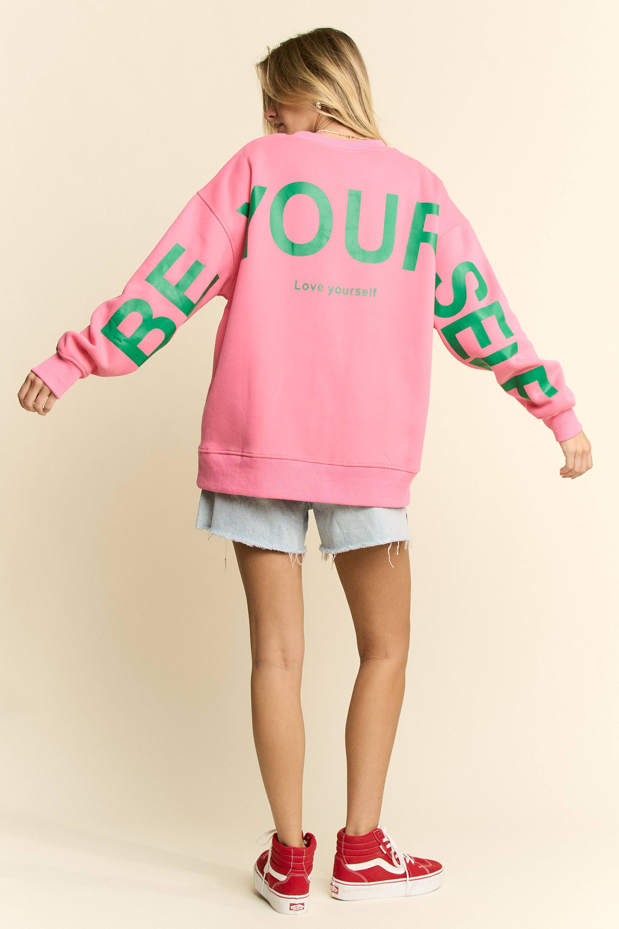 JADE BY JANE - Wholesale Graphic Sweatshirt - Women's - Be Yourself Love Yourself Printed Oversized Sweatshirt8