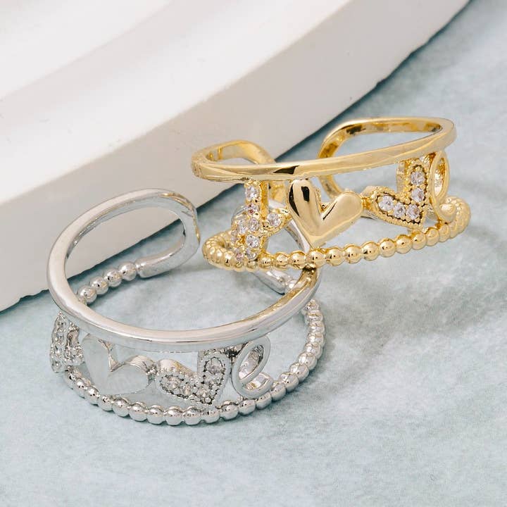 Gold Dipped Cz Pave Love Heart Open Band Ring for wholesale by The Looks by Fame Accessories