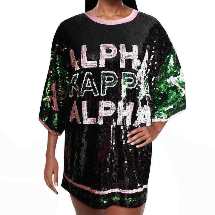 Pink and Green Alpha Kappa Alpha Black Sequin Jersey Shirt for wholesale on Faire