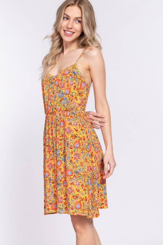 Active Basic | Active USA - Wholesale Dress - Women's - Round Neck Waist Shirring Floral Printed Woven6