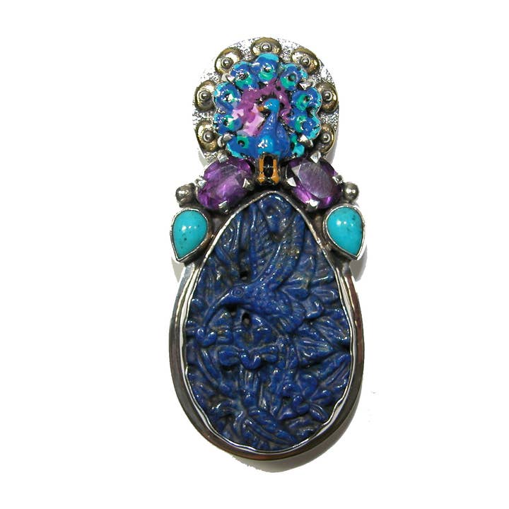 Hand Carved Lapis Turquoise Amethyst Enamel Pin Pendant for wholesale by Amy Kahn Russell