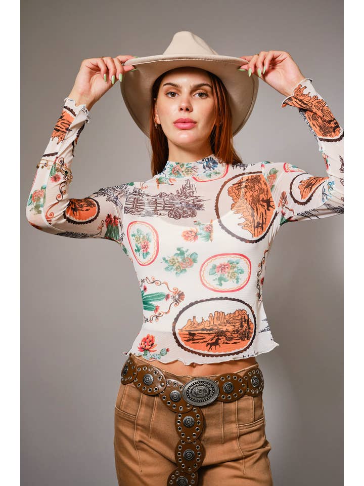 MULTI 33147T Western Motif Mesh Mock Neck Top for wholesale on Faire4