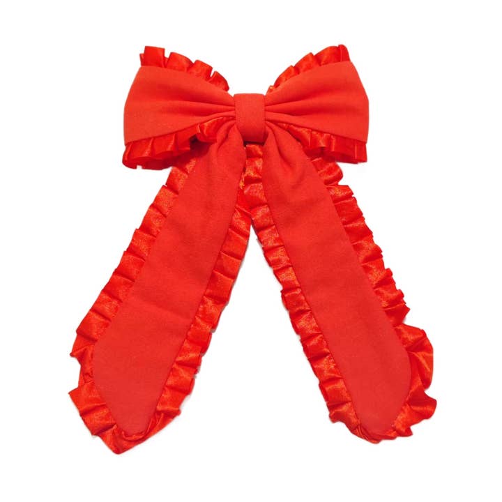 Red Ribbon Edge Long Tail Hair Tied Bow w/ Clip for wholesale by Pretty in Pink Bows