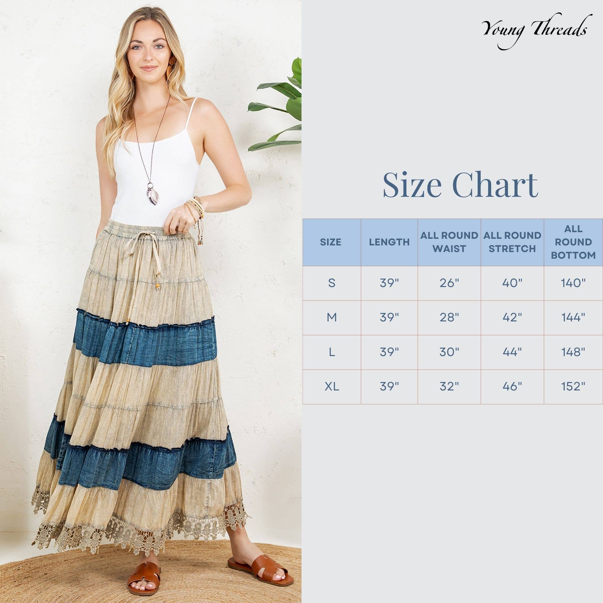 Latte Boho Patchwork Long Skirt with Denim& Lace Inserts for wholesale on Faire5