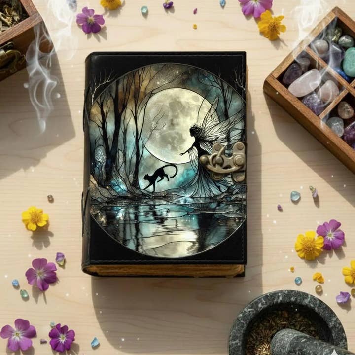 Grimorio de Cuero Hecho a Mano de Hadas y Gatos - Libro de Hechizos de Sombras para venta al por mayor de MNM HANDICRAFTS