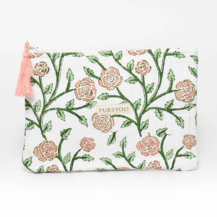 Peach Blush Vine Quilted Cotton Pouches | Hand Block Printed for wholesale by Pursyoo | Design House | Paper & Lifestyle