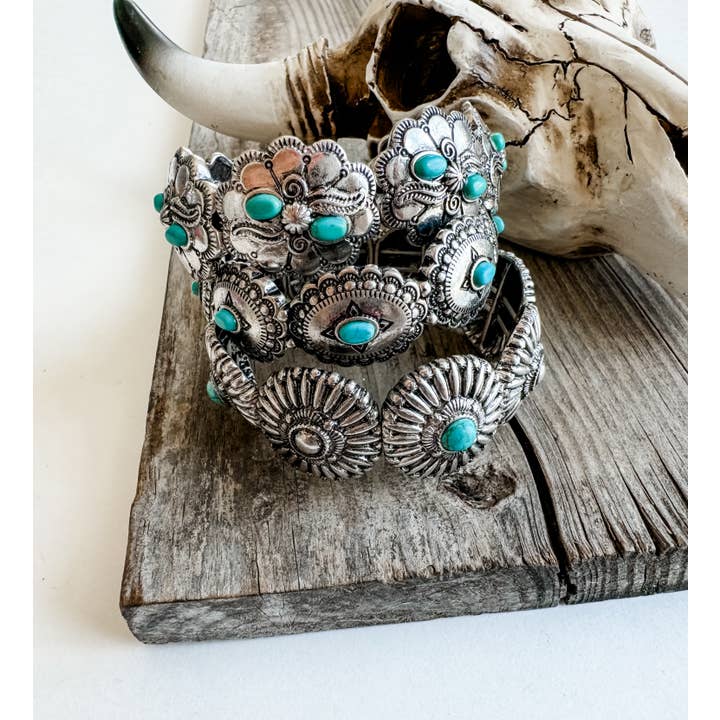 Boho Ranch Shop - Wholesale Charm/Dangle Bracelet - Western Burnish SIlver Concho Stretch Bracelet