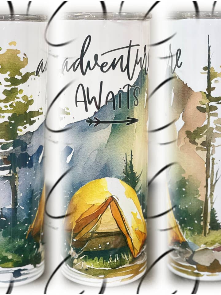 Adventure Awaits Camping 20oz Skinny Tumbler for wholesale by CMD Wholesale