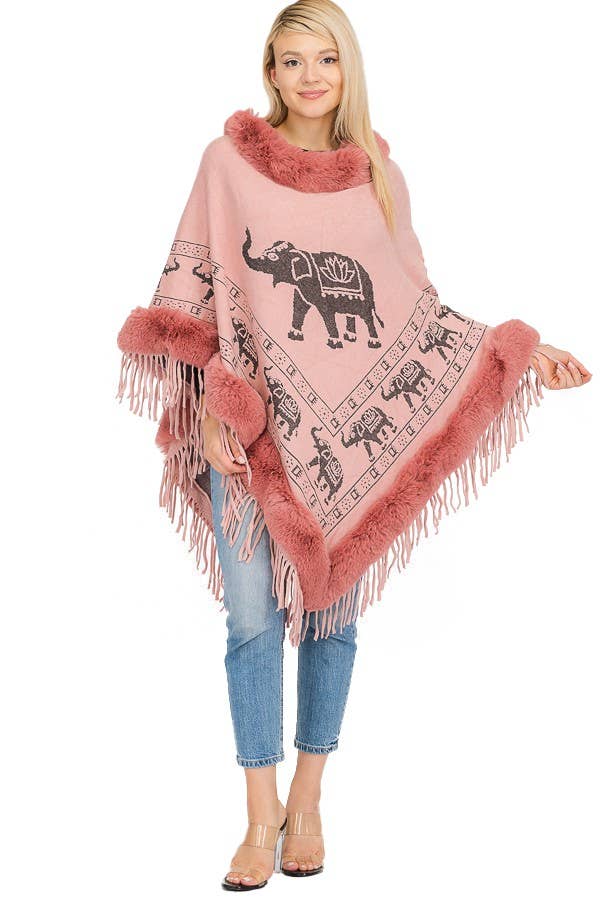 Cap Zone - Wholesale Poncho - Women's - Lucky Elephant Printed Fur Neckline Soft Cozy Poncho2