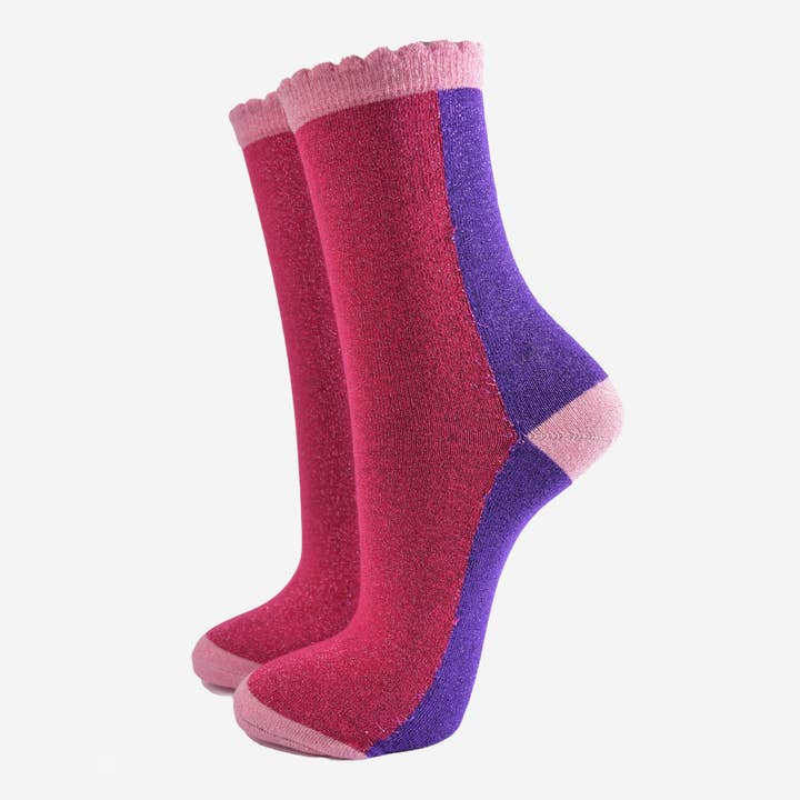 Sock Talk – Meias - Mulher por atacado – Meias Glitter Femininas - Rosa/Roxo, Colour Block