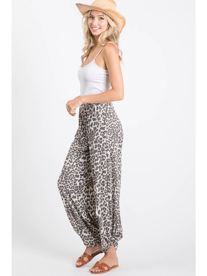 Mocha Leopard Print Lightweight Split Side Ankle Tie Pants P3377 for wholesale on Faire13
