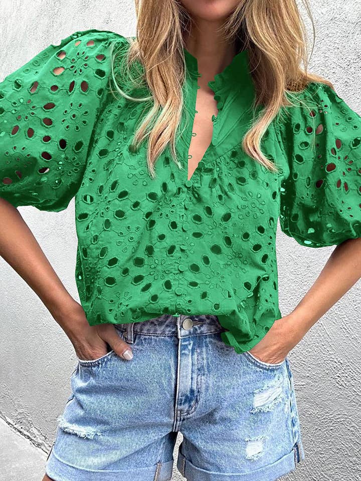 Green Floral Embroidered Puff Sleeve Blouse for wholesale on Faire