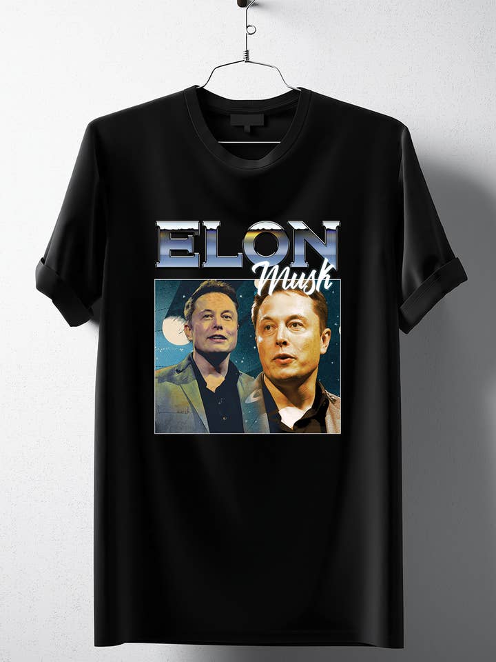 Black 90's Style Elon Musk T-Shirt, Tesla, SpaceX, Mars, Universe for wholesale on Faire