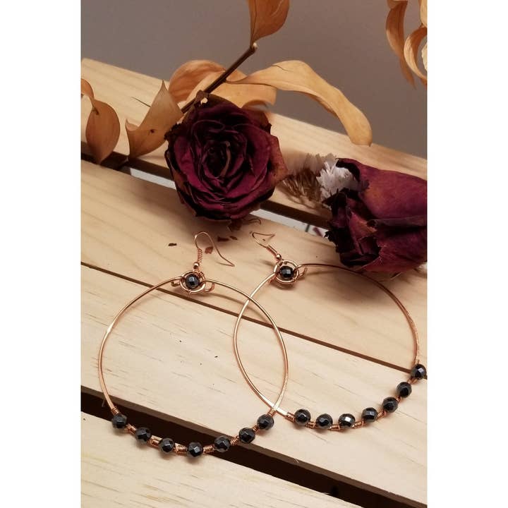 Handmade Hematite Copper Hoop Wire Wrapped Earrings for wholesale by Bead And Beam