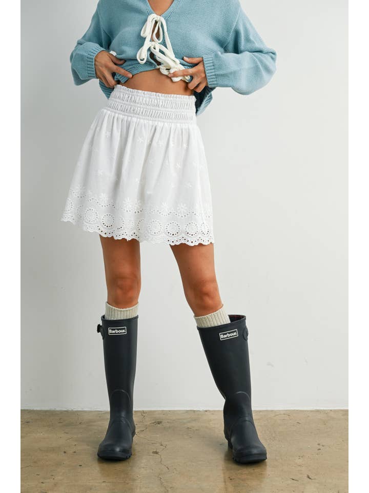 WHITE Eyelet Ruffle Smocked Skirt - BMS7764 for wholesale on Faire2