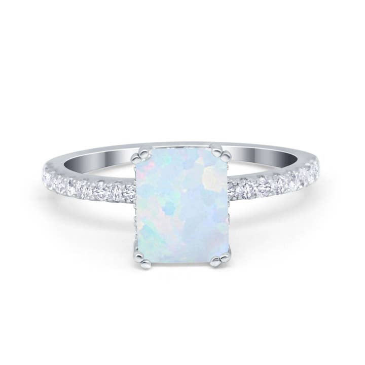 Art Deco Radiant Cut Lab skabt hvid opal forlovelsesring for engroshandel hos Blue Apple Imports