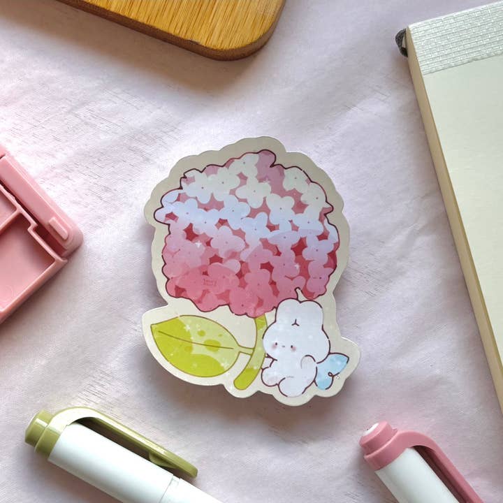Mel's hydrangea holographic sticker for wholesale by Sara's Booth