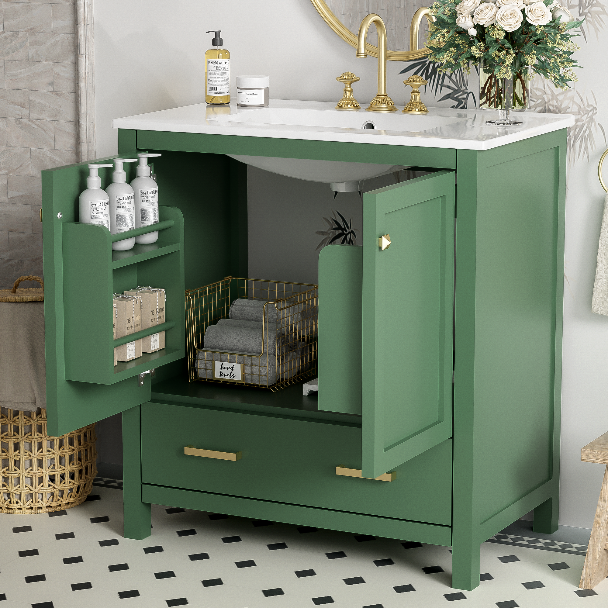 Orange County Decor - Wholesale Cabinet - 30 Inch Green Bathroom Vanity With Single Sink, Combination Under Counter Sink, Bathroom Storage Cabinet With 2 Doors And A Drawer, Soft Closure, Multifunctional Storage Wf324043 Green Bathroom1