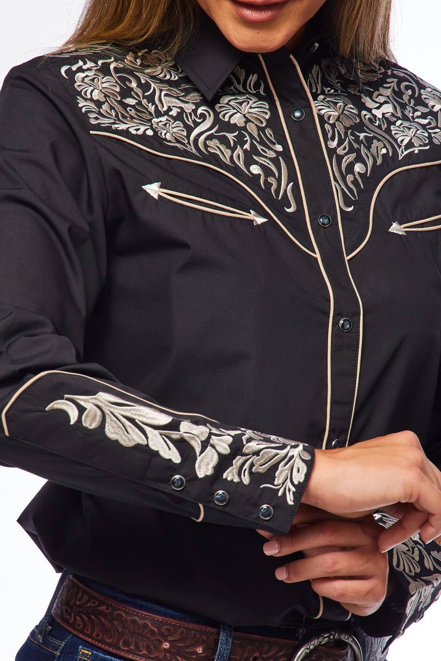 Rodeo Clothing - Vente Chemise à col boutonné – femme - Robe brodée à manches longues d'inspiration western pour femmes38