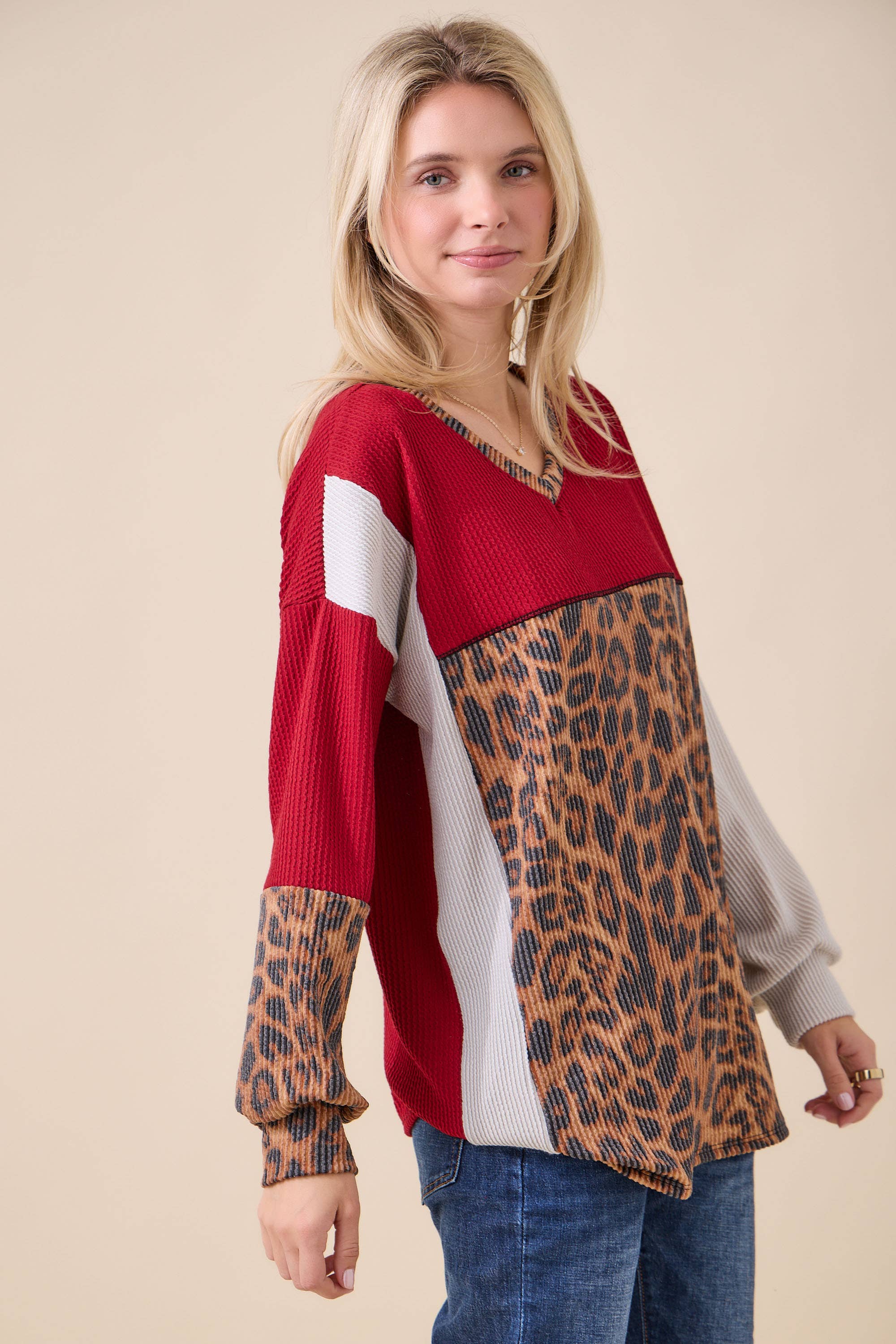 Celeste Clothing - Wholesale Knit Top - Women's - WOMEN'S RIB COLOR BLOCK ANIMAL PRINT LONG SLEEVE TOP21