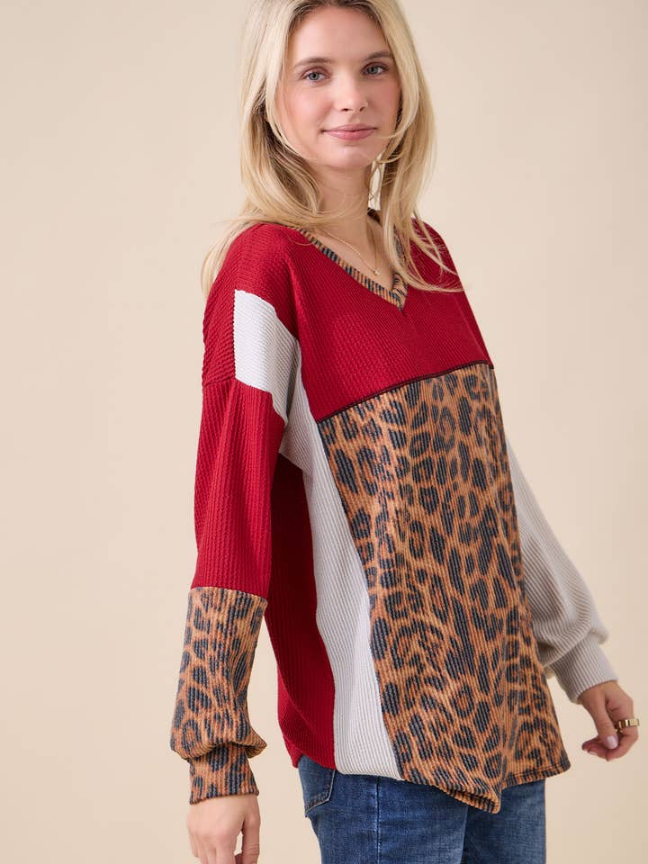 Celeste Clothing - Wholesale Knit Top - Women's - WOMEN'S RIB COLOR BLOCK ANIMAL PRINT LONG SLEEVE TOP21