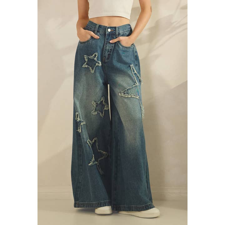 Stern-Patch-Jeans mit weitem Bein (SP8184) für den Großhandel von Sage + Fig