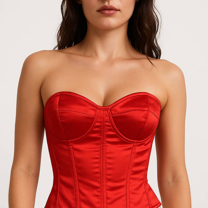 Women Red Satin Corset Top - Overbust Corset Outfit Dress for wholesale by Miss Leather