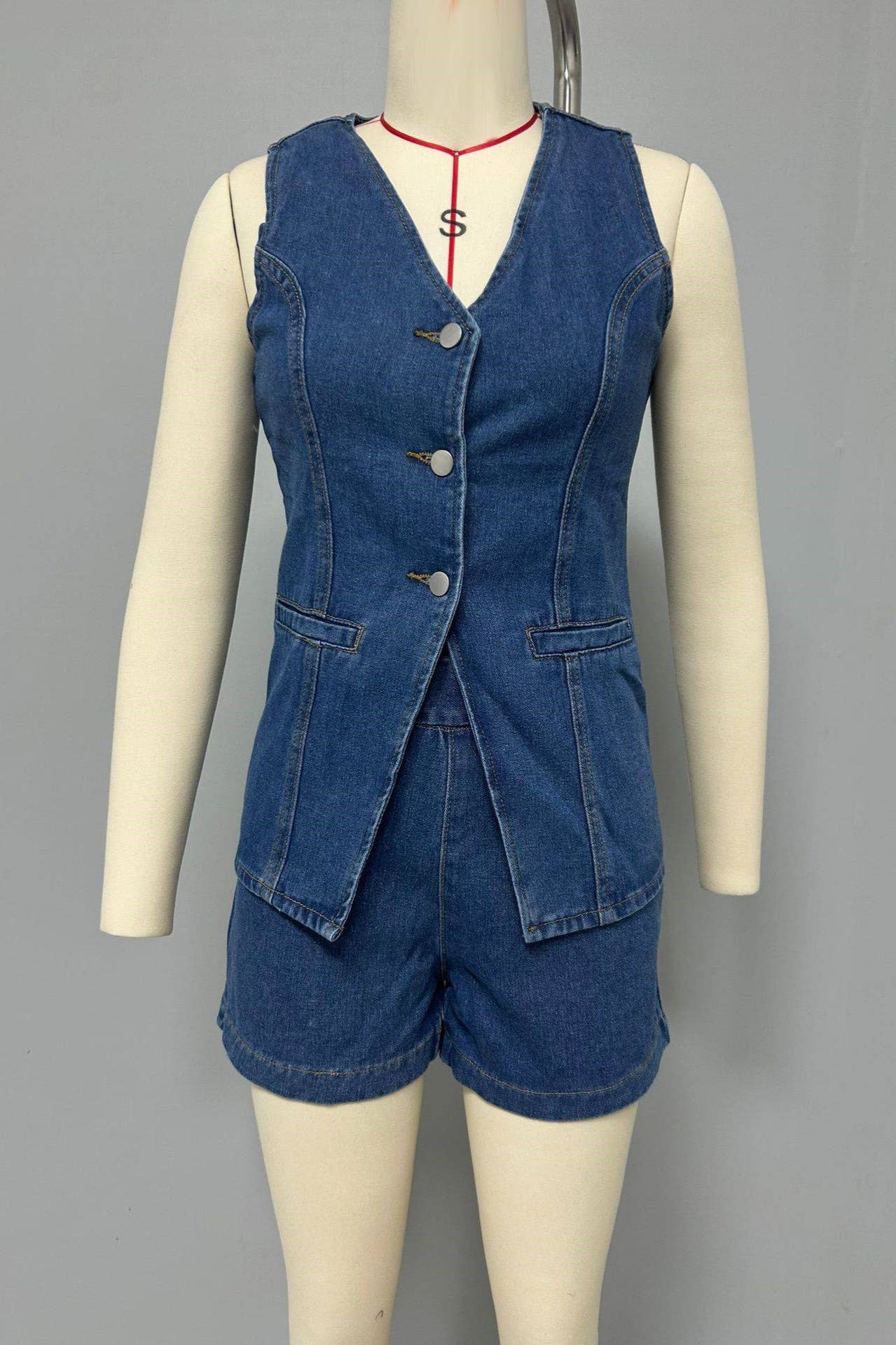 Rosa Clothing - Wholesale Top & Short Set (NOT Loungewear) - Women's - Smart & Intelligent denim buttoned tank top Split waistcoat5