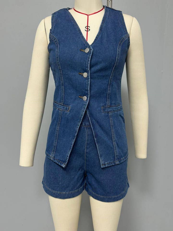 Rosa Clothing - Wholesale Top & Short Set (NOT Loungewear) - Women's - Smart & Intelligent denim buttoned tank top Split waistcoat5