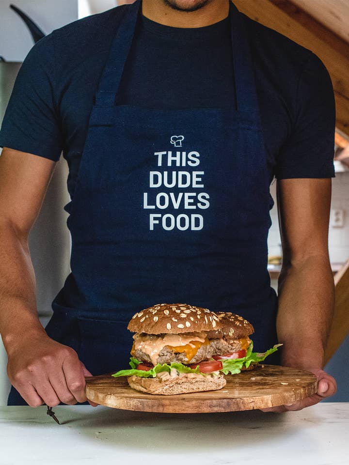 This Dude Loves Food men's apron for wholesale by Chickslovefood