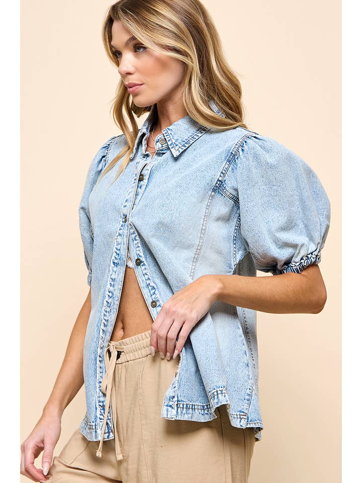 Light Blue Button Down Denim Top for wholesale on Faire7