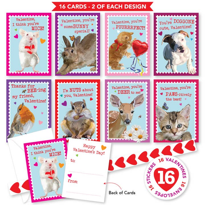 The Red Barn Press - Wholesale Valentine's Day Card - Boxed Set of 16 Kids Valentines Cards Kit