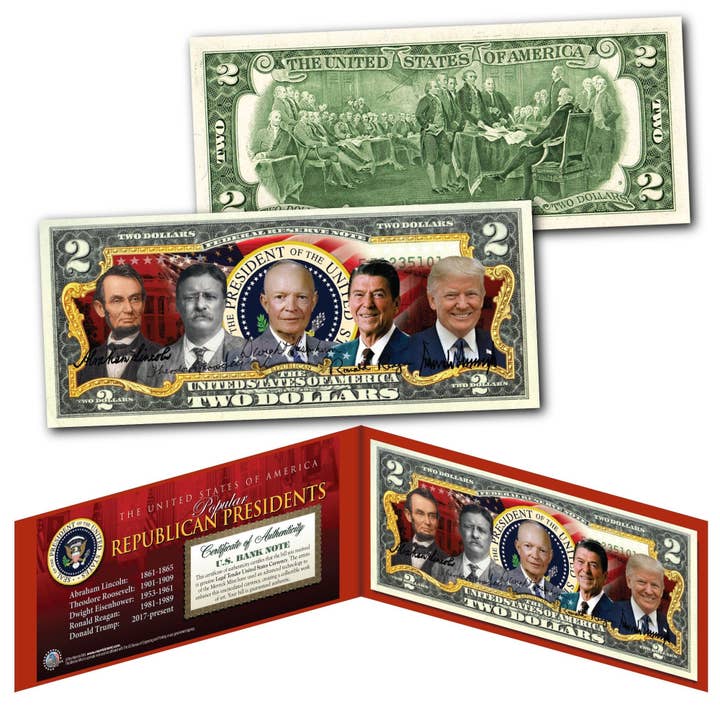 The Merrick Mint - Venta al por mayor Artículo decorativo de mesa - Billete de 2 dólares de Trump-Lincoln-Ike-Reagan de los populares presidentes republicanos en moneda estadounidense genuina en funda roja de lujo, se envía rápido y gratis a EE. UU.