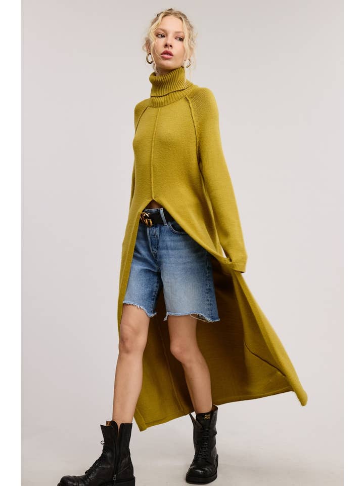 Mimosa - Wholesale Dress - Women's - Seam Detail Turtleneck Tunic Sweater Dress with Slit