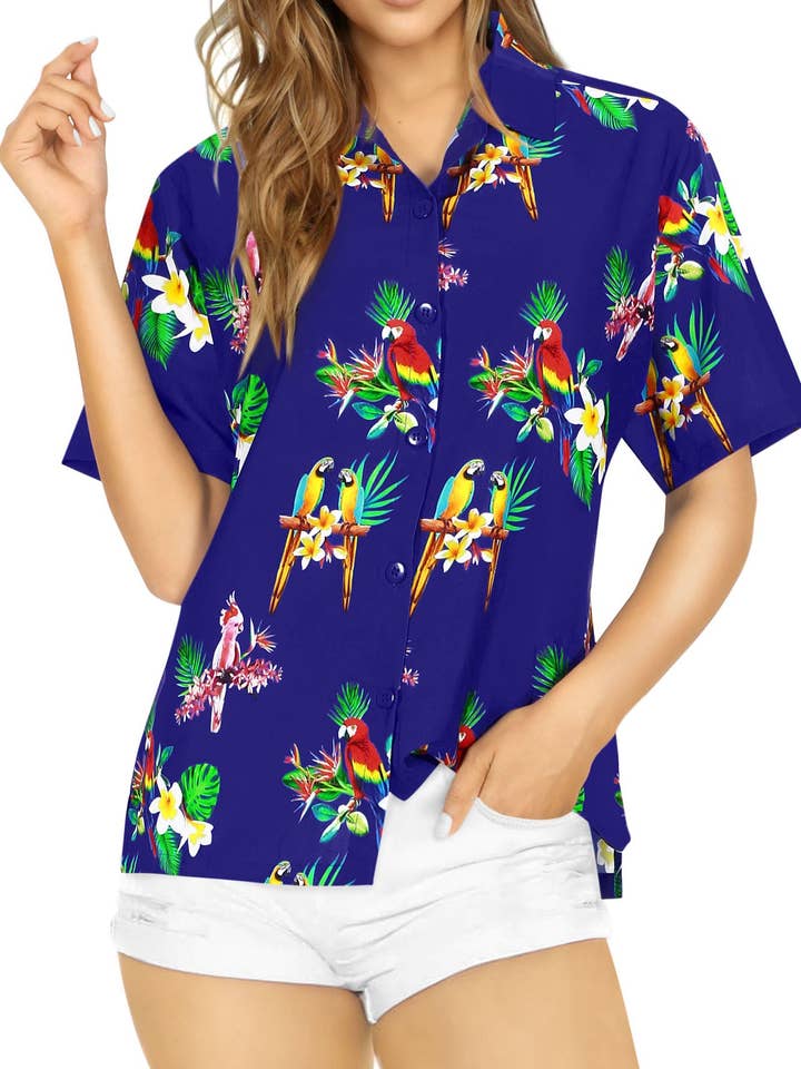 Chemise hawaïenne Tropical Perrots pour femme pour la vente par Happy Bay / La Leela