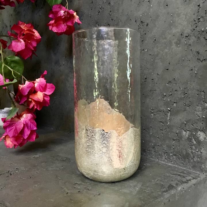 India Handicrafts Inc - Wholesale Hurricane Candle - Gold Foil Dipped Tall & Round Glass Hurricane