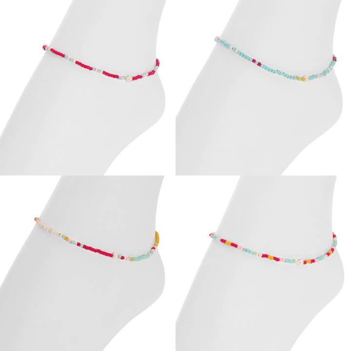 Assorted 2mm stretch seed bead anklets with pearl accents for wholesale by Splendid Iris
