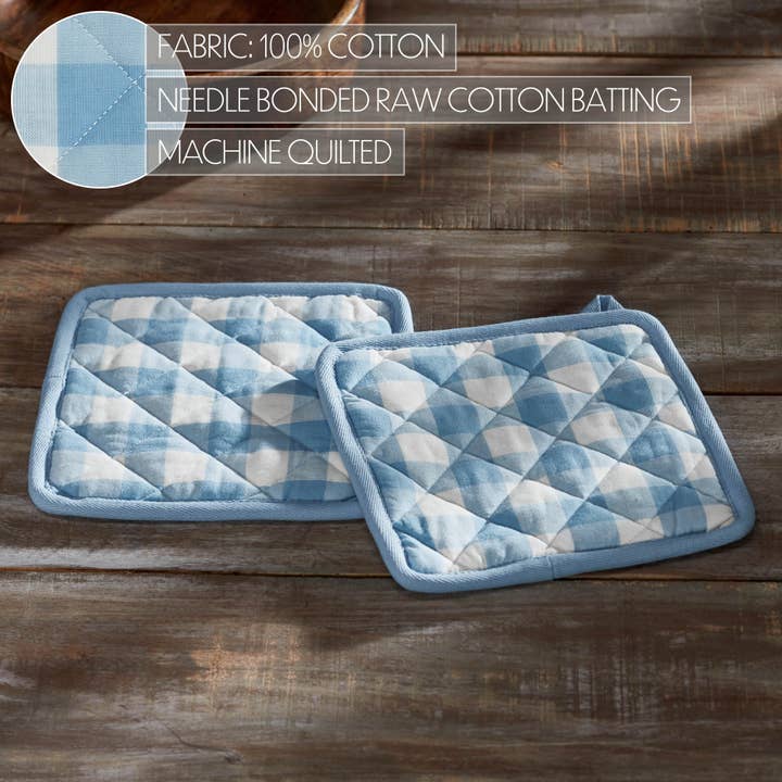 VHC Brands - Wholesale Oven Mitt/Pot Holder - Annie Buffalo Check Blue Pot Holder Set of 2 8x8