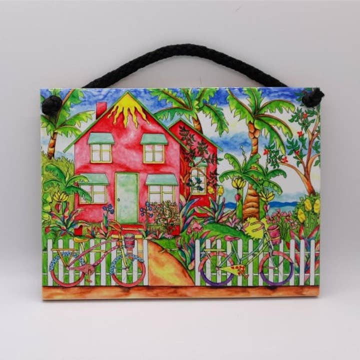 Florida Vibes Art / Mungo Key Designs - Wholesale Muurtegel - Twee fietsen strandhuisje keramische tegels