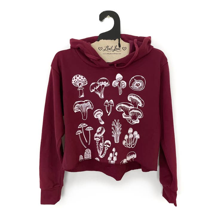 Maroon Crop Pullover Hoodie With Mushroom Print for wholesale by Mad Love Shop