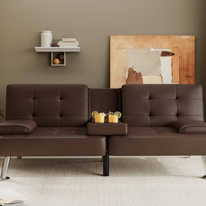 Brown Futon Sofa Bed Modern Folding Futon Set Convertible Recliner Lounge for Living Room with 2 Cup Holders, Removable Armrests (PU Leather, Brown) for wholesale on Faire