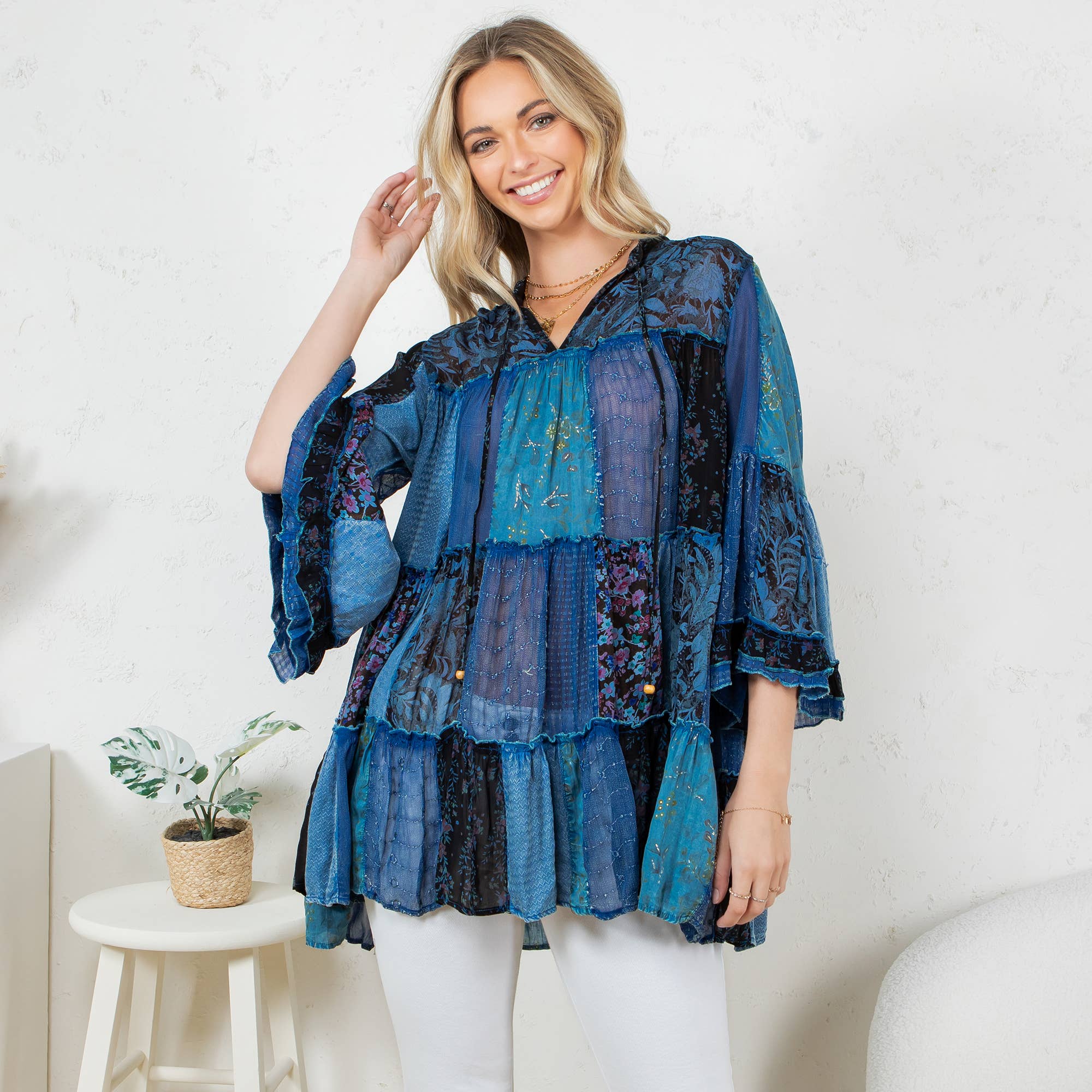 Young Threads - Venta al por mayor Blusa - Mujer - Top Jhabla con Cuello de Banda Teñido Chic (Nuevo Color)51