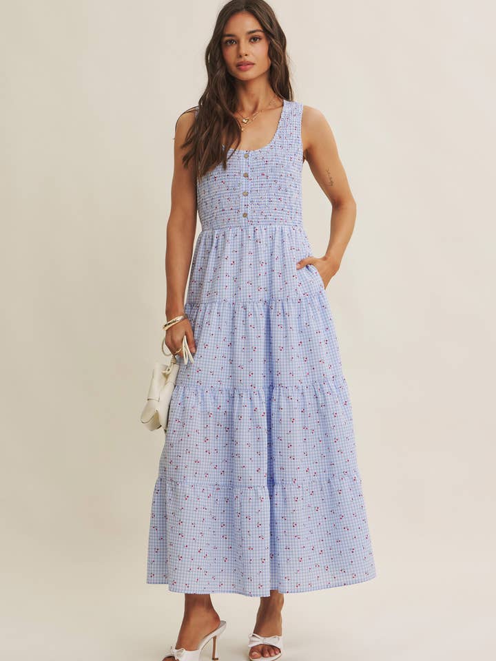 SWEET CHERRY PICNIC GESMOKTE KNOOPSLUITING GINGHAM MAXI JURK voor wholesale door in february