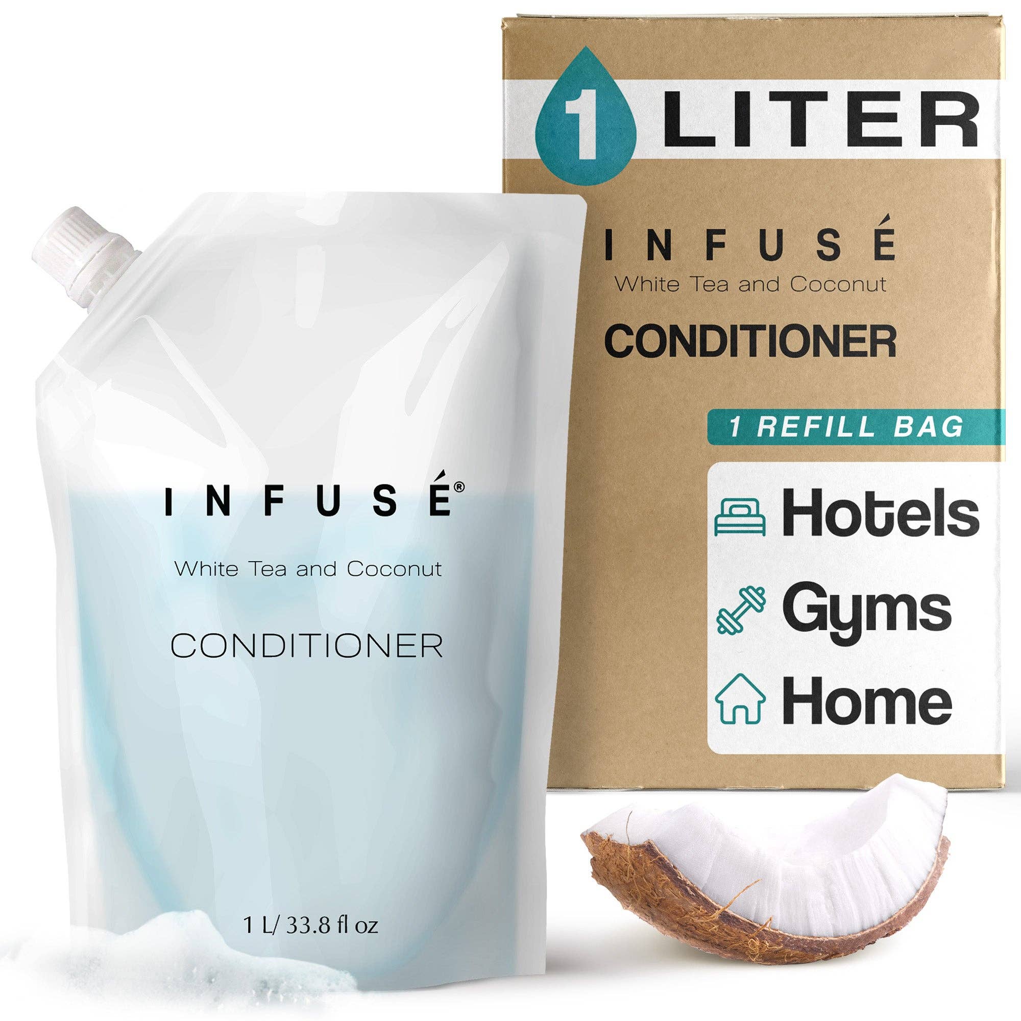 Diversified Hospitality Solutions - Wholesale Hair Conditioner - INFUSÉ 1 Liter Conditioner Refill Bag For Soap Dispensers | Bulk Toiletries for Vacation Rentals, and Home Bathroom Showers | White Tea and Coconut | Single0
