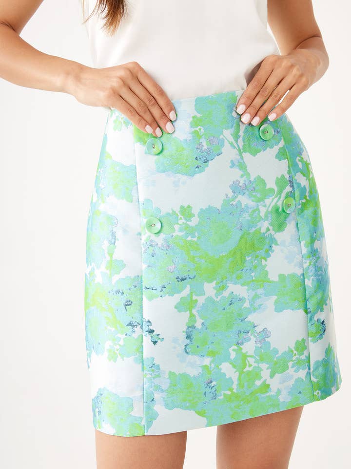 Jessica Skirt Grüner abstrakter Brokat für den Großhandel von Abbey Glass