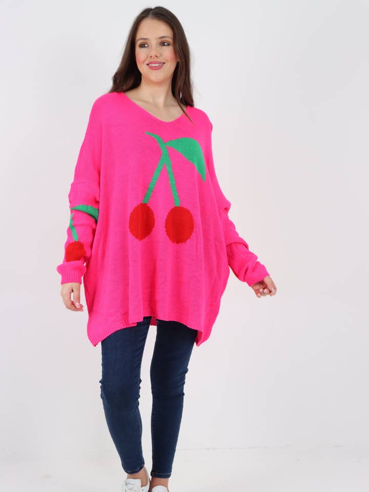 Suéter oversized tejido con estampado de cerezas, hecho en Italia para venta al por mayor de Miss Bold