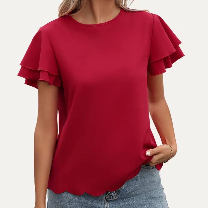 Top de manga curta Lady Grace Vermelho Escuro com Decote Redondo por atacado de The Moment Collection