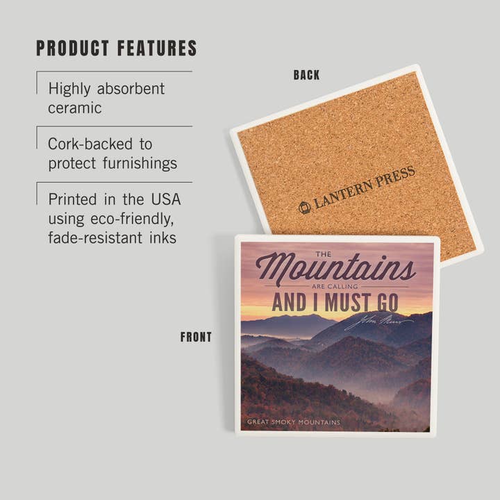 Lantern Press - Wholesale Coasters - CERAMIC COASTER Great Smoky Mountains, Mountains Calling2